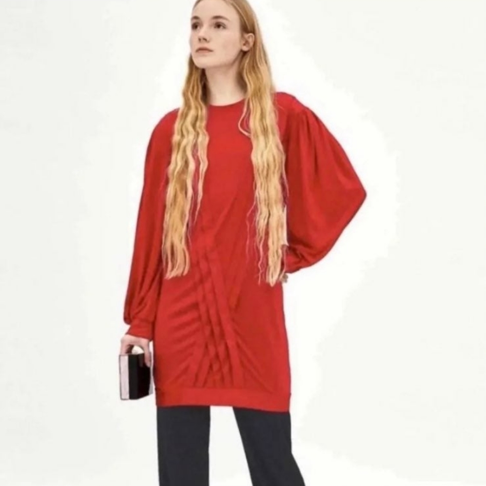 NWOT! Zara Trafaluc Red Pleated Bishop Long Sleeve Dress Size Small
